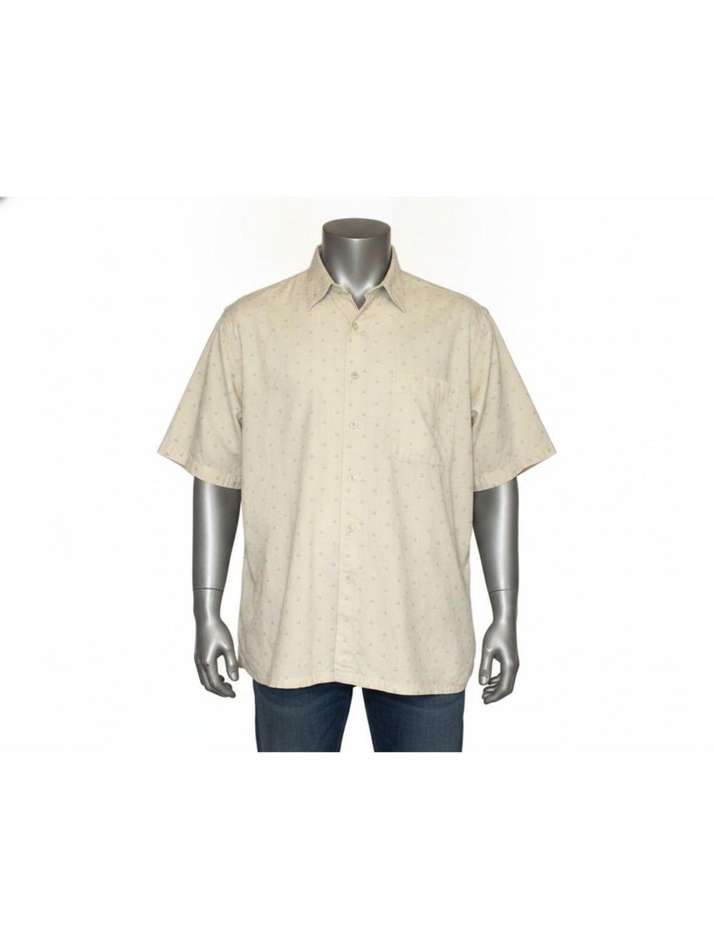 TOP Nautica Men's XL TALL Short Sleeve Button-Up Shirt Beige Cotton Rayon Blend